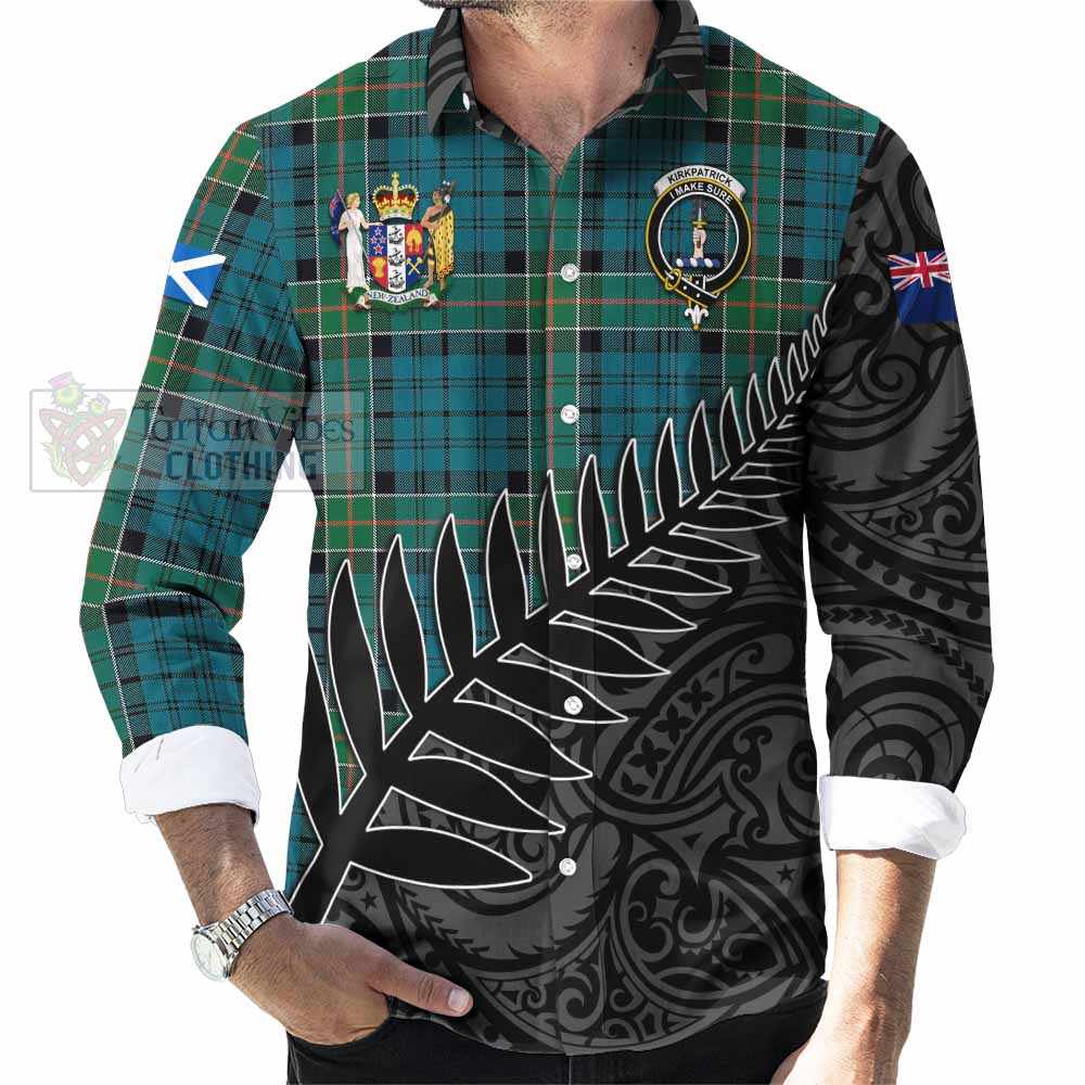 Tartan Vibes Clothing Kirkpatrick Crest Tartan Long Sleeve Button Shirt with New Zealand Silver Fern Half Style