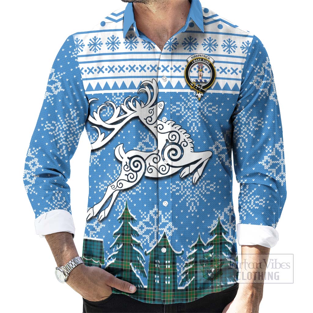 Tartan Vibes Clothing Kirkpatrick Clan Christmas Long Sleeve Button Shirt Celtic Reindeer Style