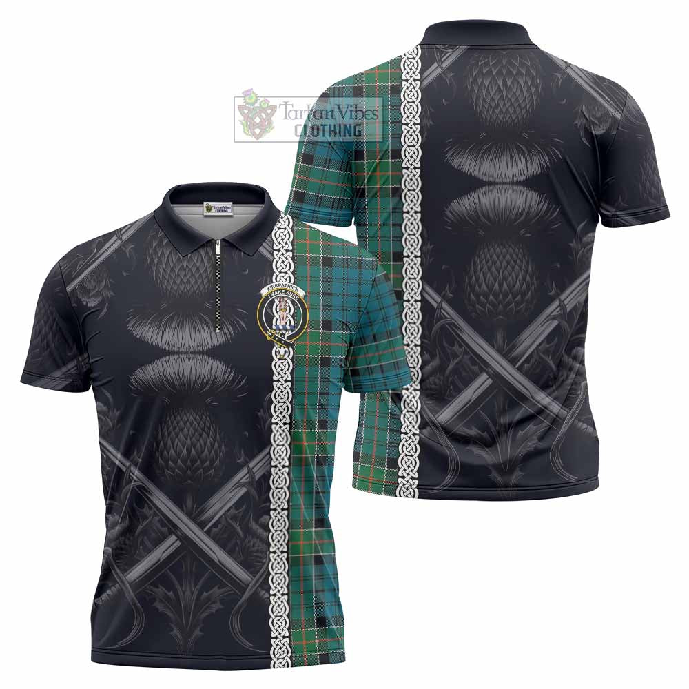 Tartan Vibes Clothing Kirkpatrick Tartan Zipper Polo Shirt with Family Crest Cross Sword Thistle Celtic Vibes