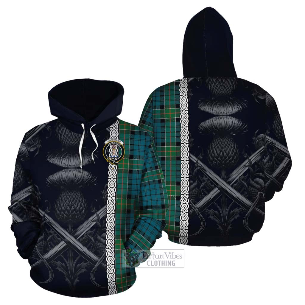 Tartan Vibes Clothing Kirkpatrick Tartan Cotton Hoodie with Family Crest Cross Sword Thistle Celtic Vibes