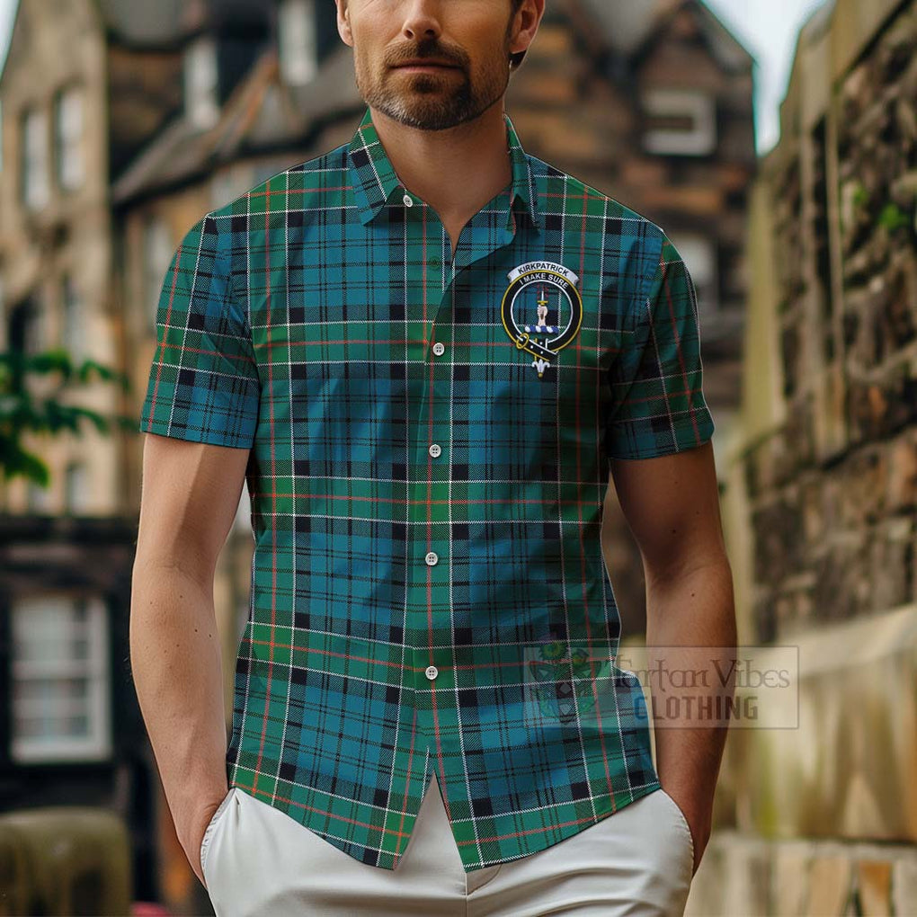 Tartan Vibes Clothing Kirkpatrick Tartan Short Sleeve Button Shirt with Family Crest Celtic Skull Style