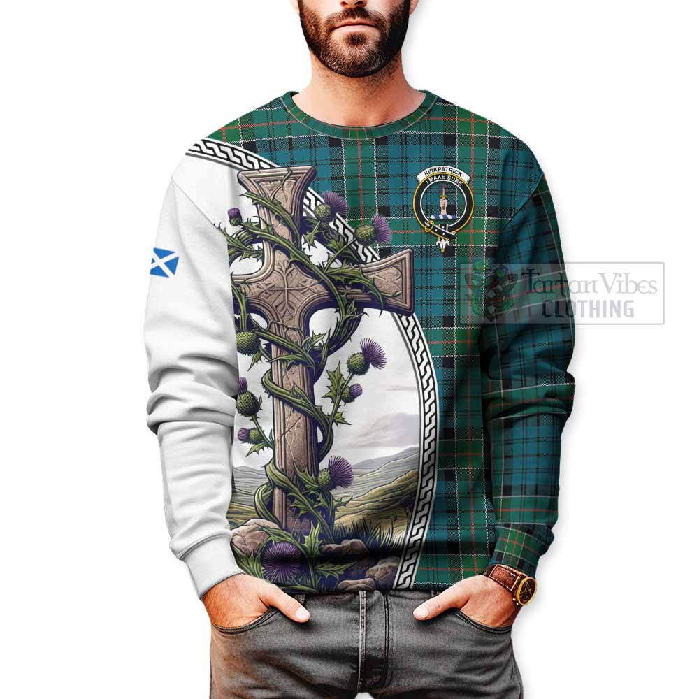 Tartan Vibes Clothing Kirkpatrick Tartan Sweatshirt with Family Crest and St. Andrew's Cross Accented by Thistle Vines