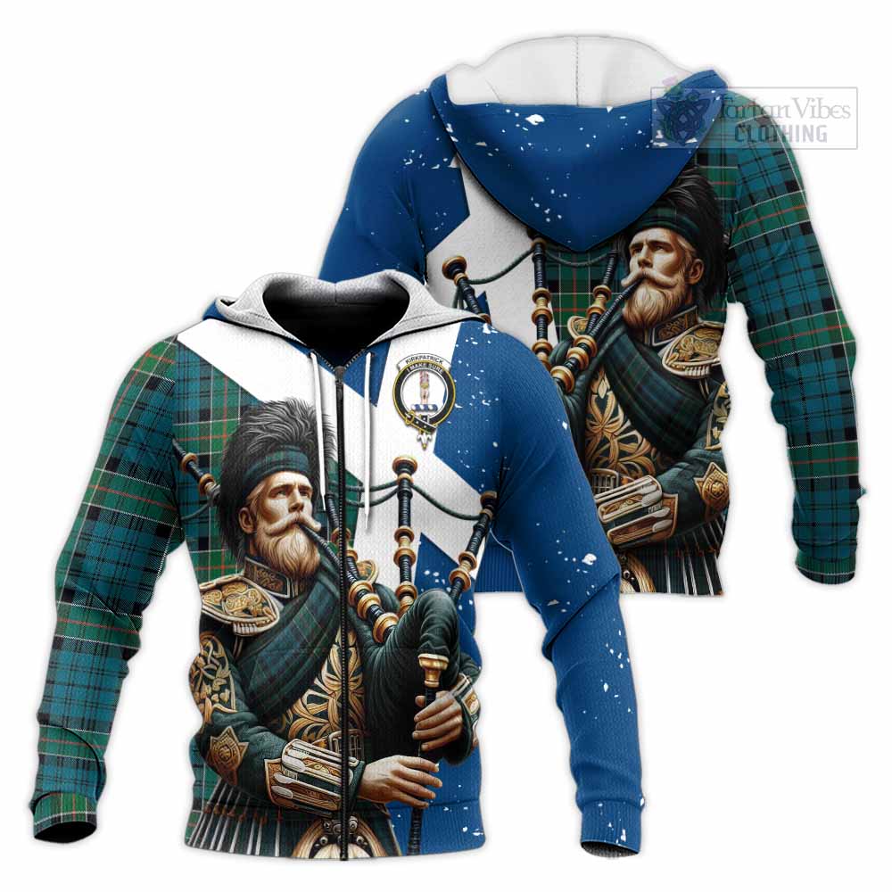 Tartan Vibes Clothing Kirkpatrick Tartan Knitted Hoodie with Family Crest Scottish Bagpiper Vibes