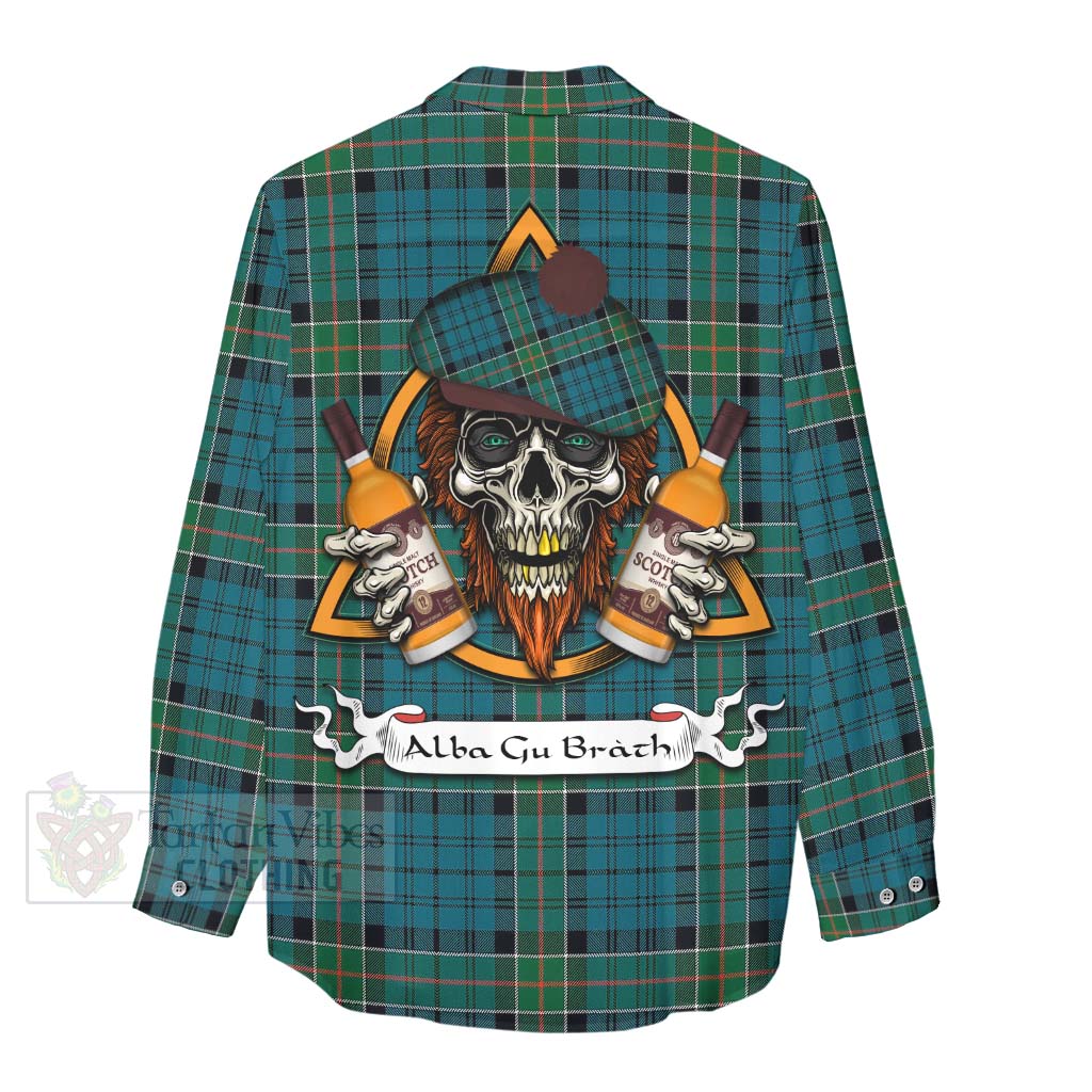 Tartan Vibes Clothing Kirkpatrick Tartan Women's Casual Shirt with Family Crest and Bearded Skull Holding Bottles of Whiskey