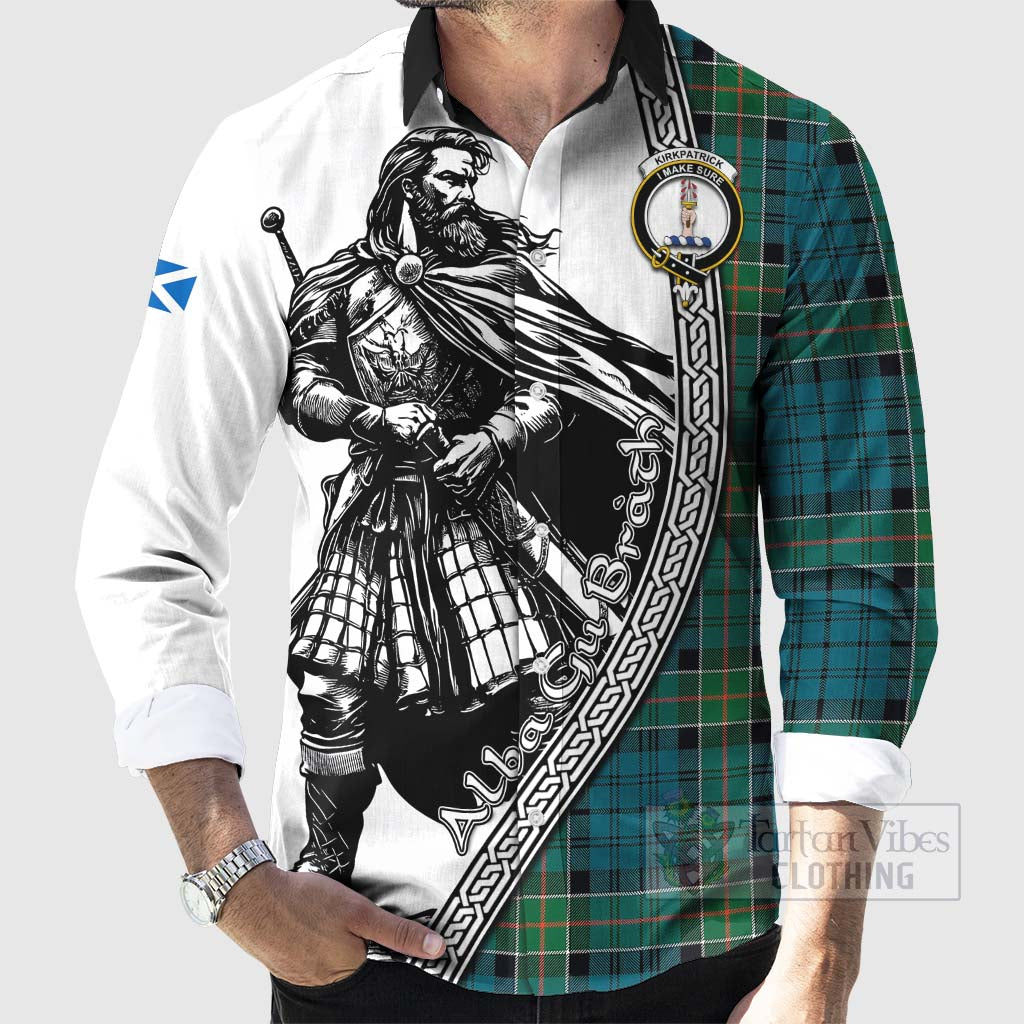 Tartan Vibes Clothing Kirkpatrick Tartan Clan Crest Long Sleeve Button Shirt with Highlander Warrior Celtic Style