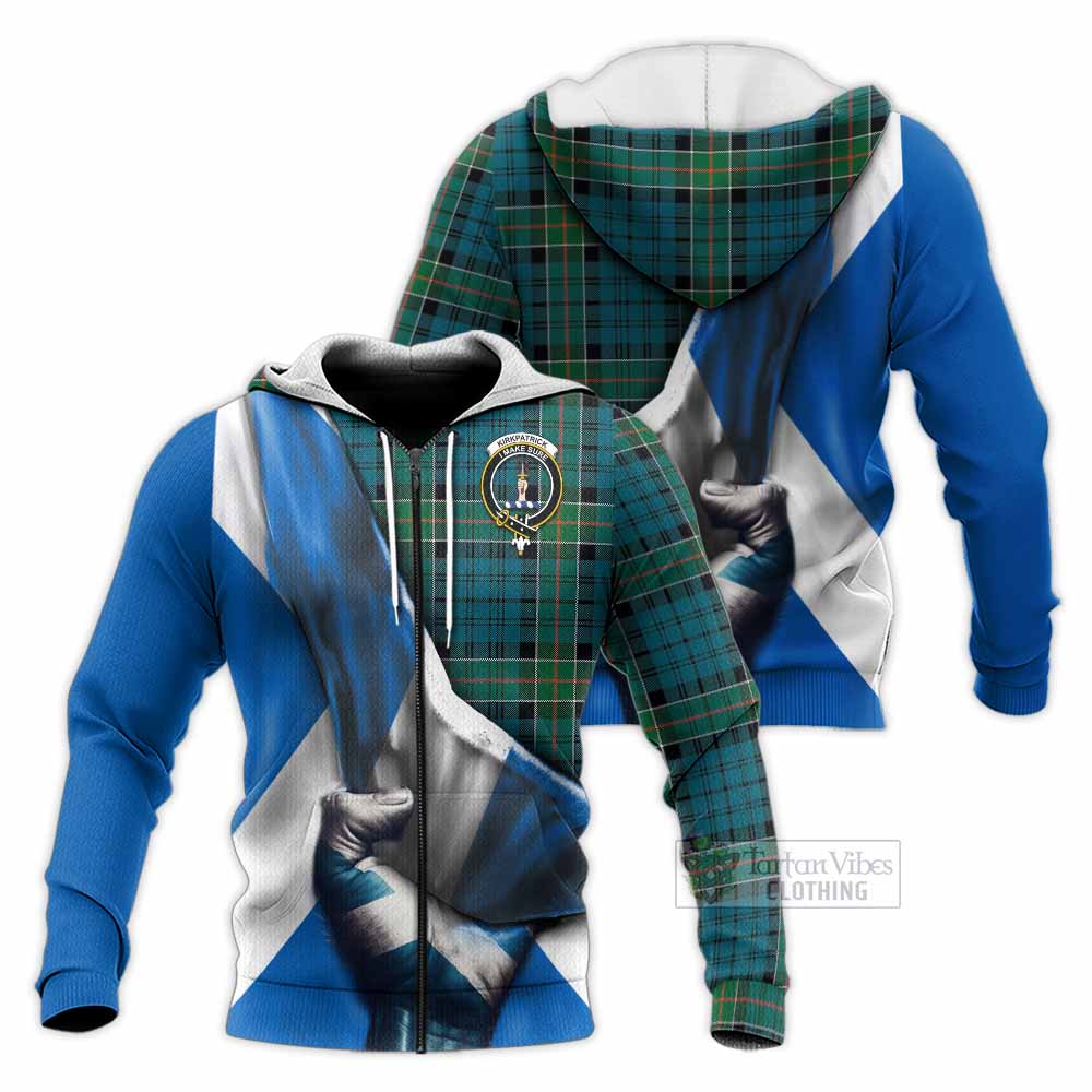 Tartan Vibes Clothing Kirkpatrick Tartan Knitted Hoodie with Family Crest Scotland Patriotic Style