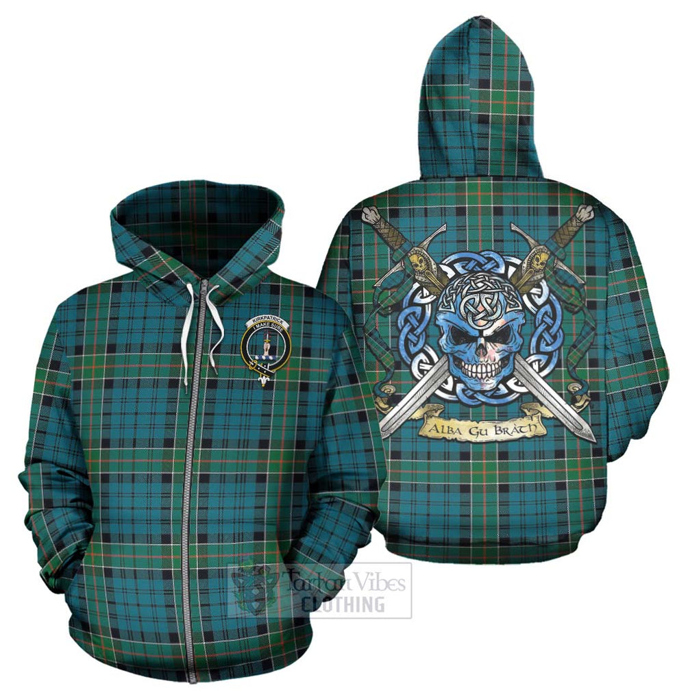 Tartan Vibes Clothing Kirkpatrick Tartan Hoodie with Family Crest Celtic Skull Style