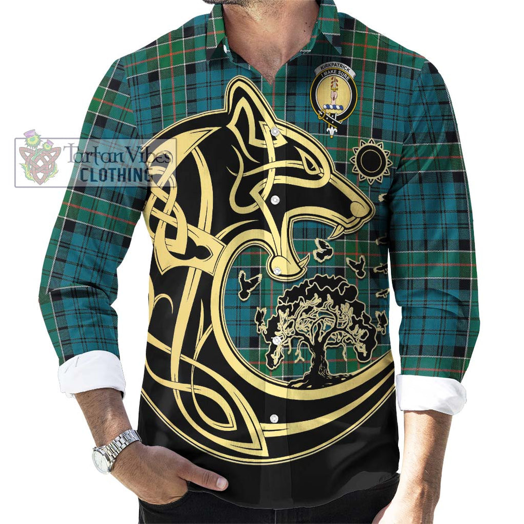 Kirkpatrick Tartan Long Sleeve Button Shirt with Family Crest Celtic Wolf Style - Tartan Vibes Clothing