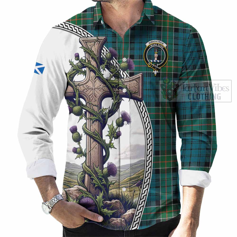 Tartan Vibes Clothing Kirkpatrick Tartan Long Sleeve Button Shirt with Family Crest and St. Andrew's Cross Accented by Thistle Vines