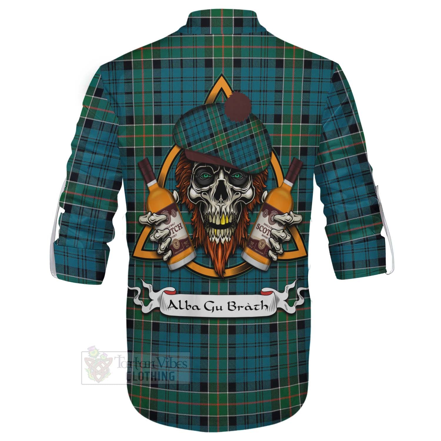 Tartan Vibes Clothing Kirkpatrick Tartan Ghillie Kilt Shirt with Family Crest and Bearded Skull Holding Bottles of Whiskey