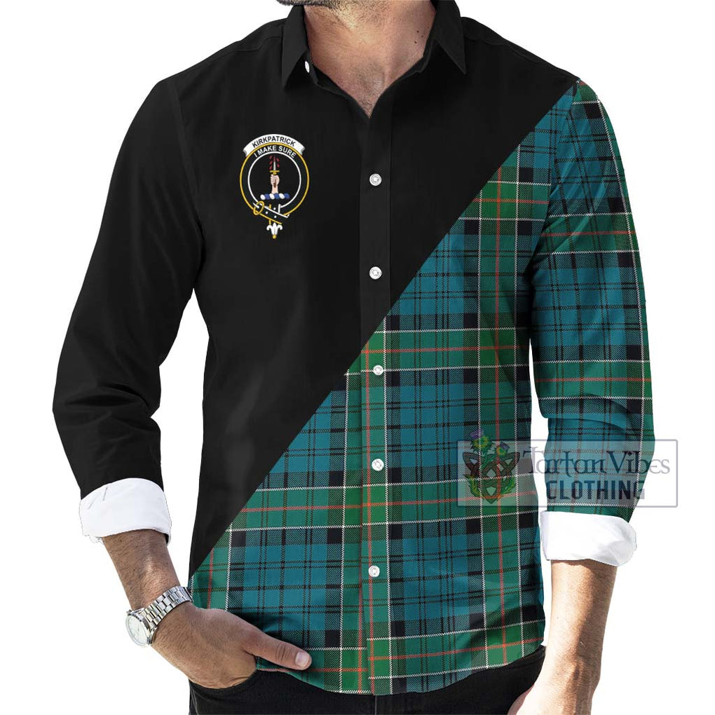 Kirkpatrick Tartan Long Sleeve Button Shirt with Family Crest and Military Logo Style - Tartanvibesclothing Shop