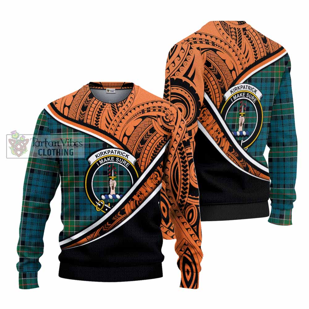 Tartan Vibes Clothing Kirkpatrick Crest Tartan Knitted Sweater with Maori Tattoo Style - Orange Version