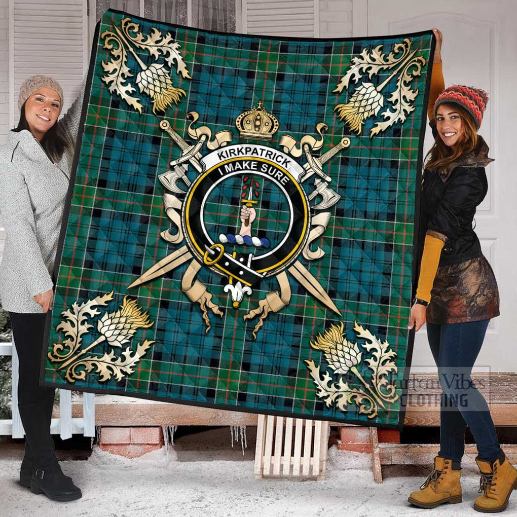 Tartan Vibes Clothing Kirkpatrick Tartan Quilt with Family Crest and Scottish Golden Courage Shield