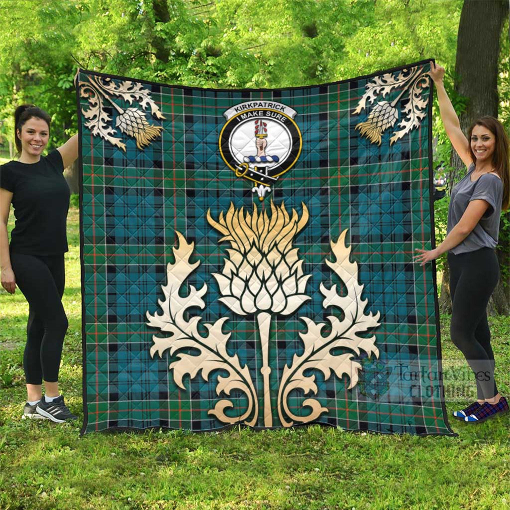 Tartan Vibes Clothing Kirkpatrick Tartan Quilt with Family Crest and Golden Thistle Style