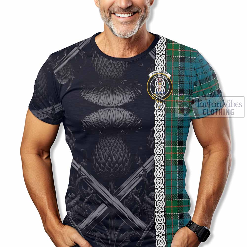 Tartan Vibes Clothing Kirkpatrick Tartan T-Shirt with Family Crest Cross Sword Thistle Celtic Vibes