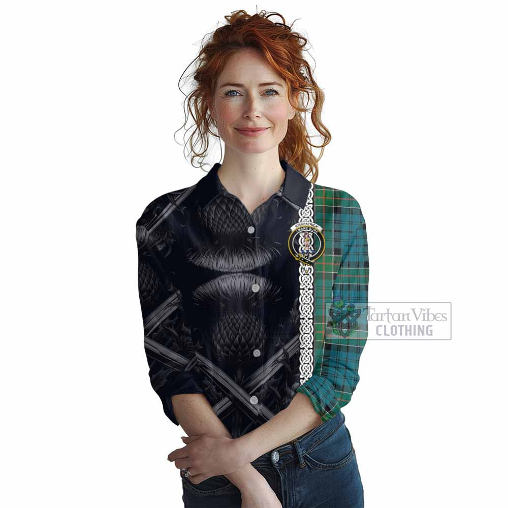 Tartan Vibes Clothing Kirkpatrick Tartan Women's Casual Shirt with Family Crest Cross Sword Thistle Celtic Vibes