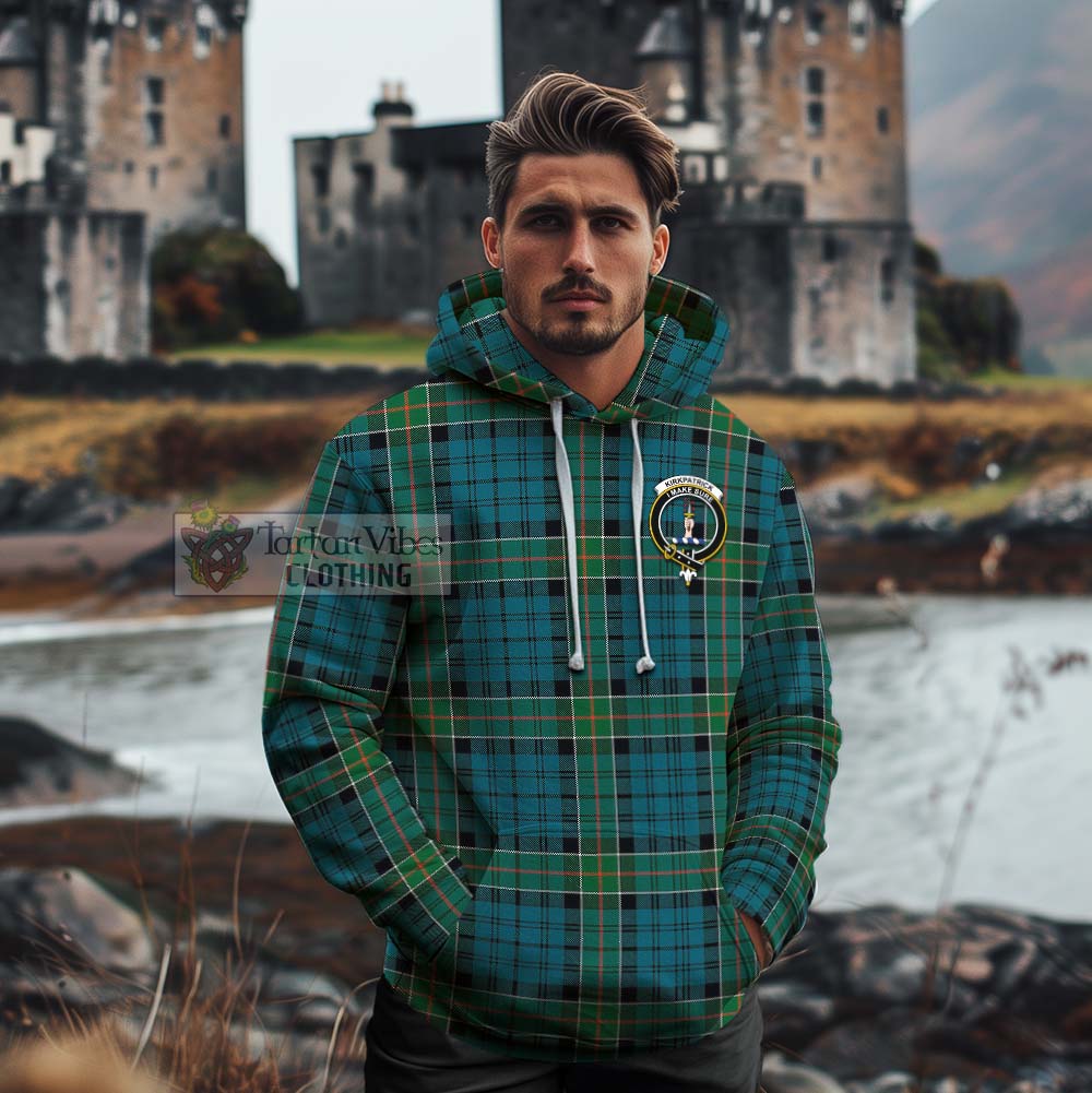 Tartan Vibes Clothing Kirkpatrick Tartan Cotton Hoodie with Family Crest Celtic Skull Style