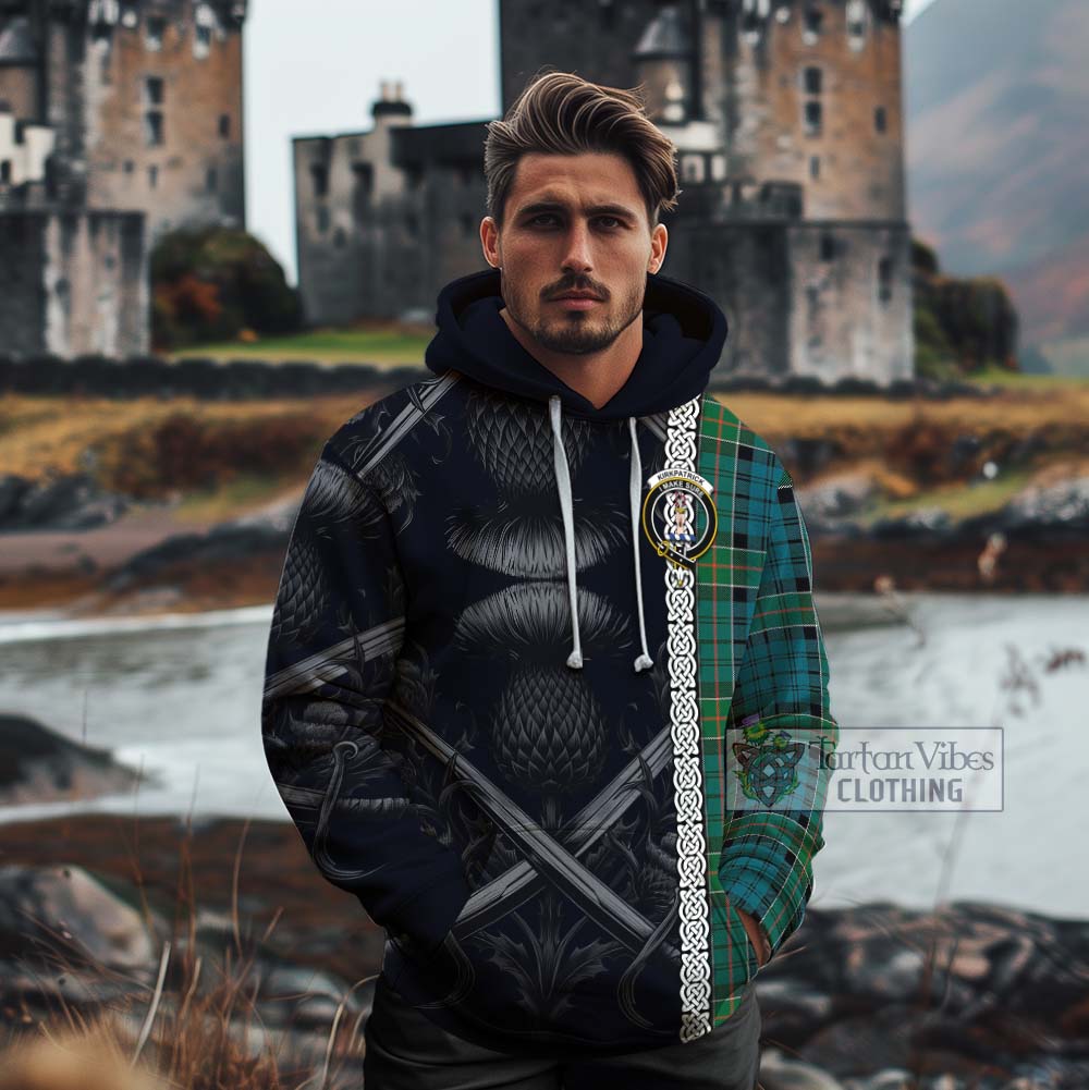 Tartan Vibes Clothing Kirkpatrick Tartan Cotton Hoodie with Family Crest Cross Sword Thistle Celtic Vibes