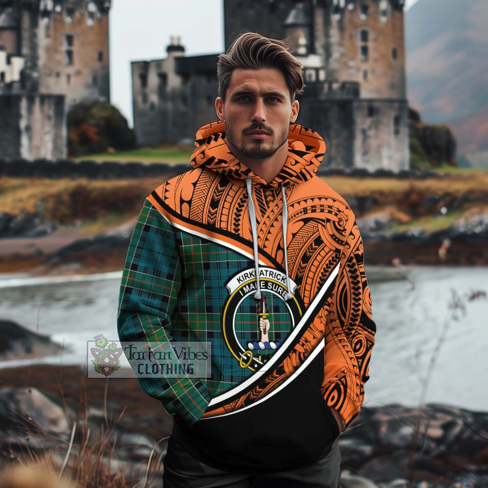 Tartan Vibes Clothing Kirkpatrick Crest Tartan Cotton Hoodie with Maori Tattoo Style - Orange Version