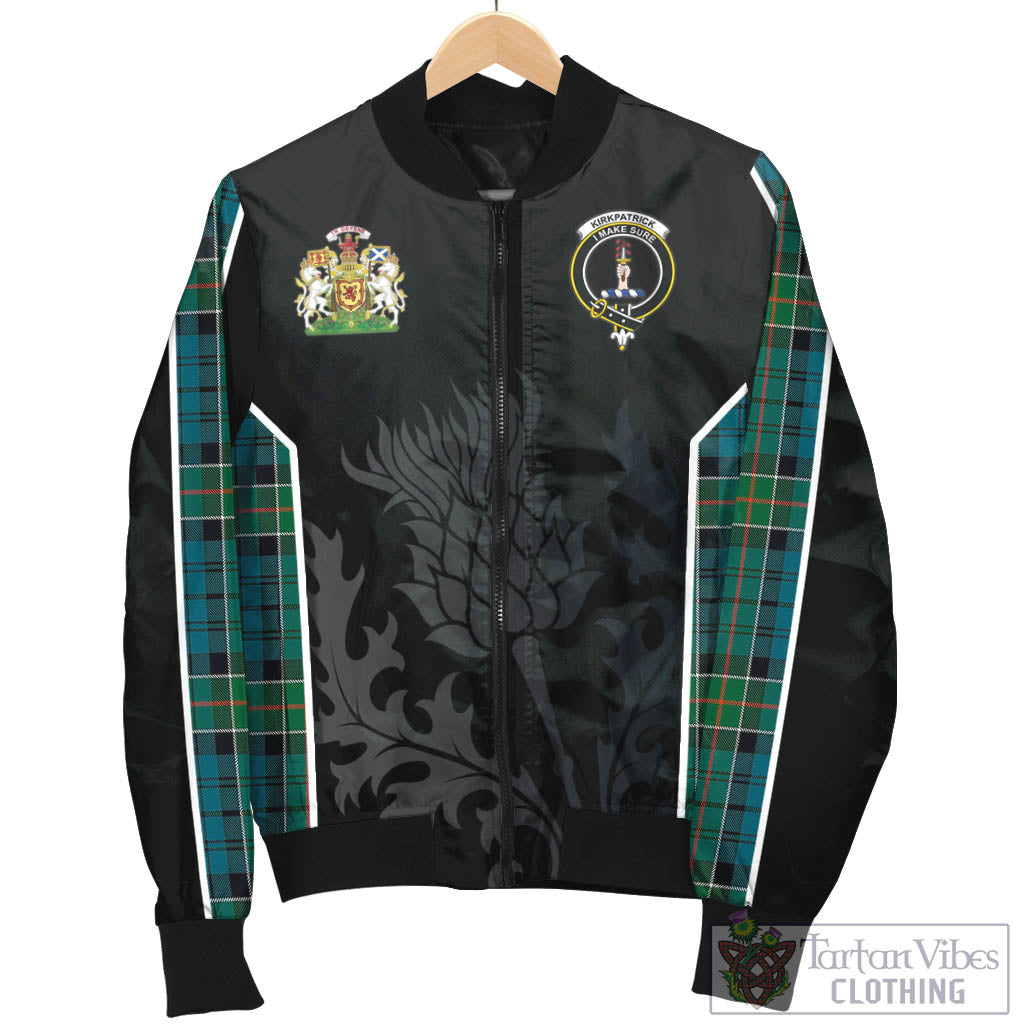 Tartan Vibes Clothing Kirkpatrick Tartan Bomber Jacket with Family Crest and Scottish Thistle Vibes Sport Style