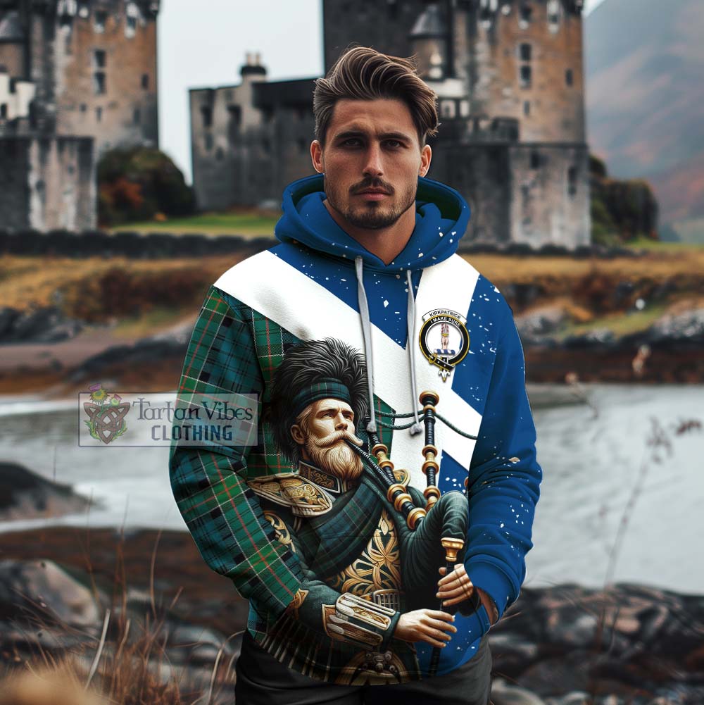 Tartan Vibes Clothing Kirkpatrick Tartan Cotton Hoodie with Family Crest Scottish Bagpiper Vibes