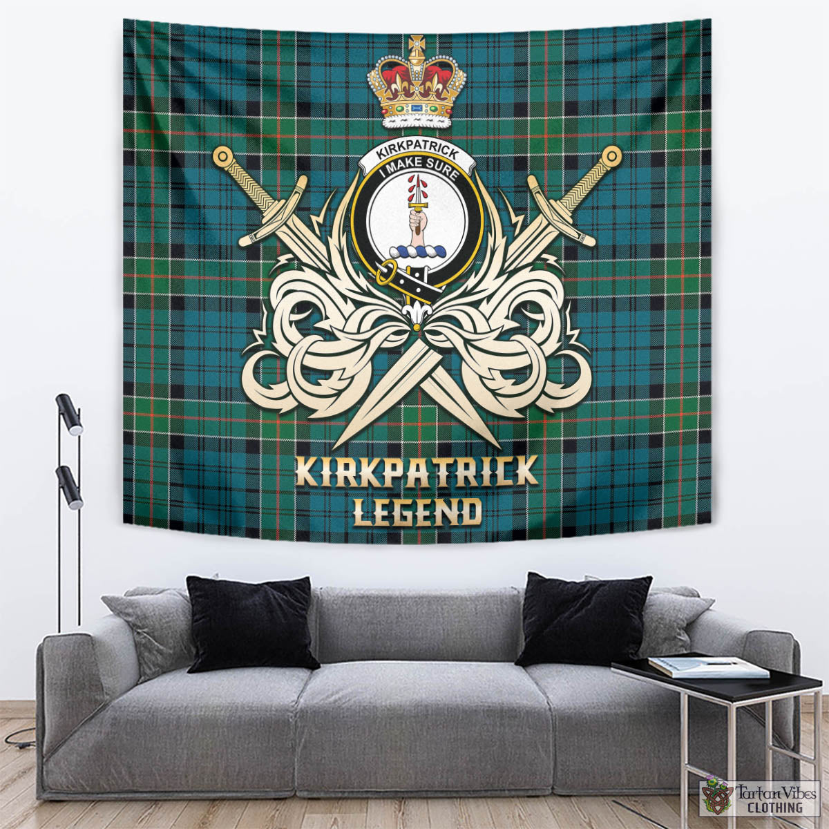 Tartan Vibes Clothing Kirkpatrick Tartan Tapestry with Clan Crest and the Golden Sword of Courageous Legacy