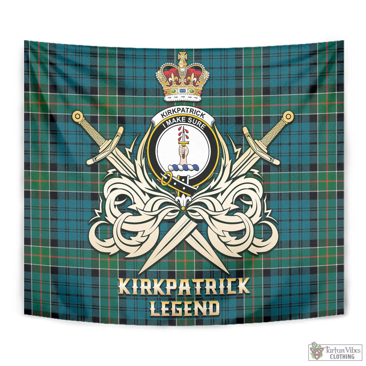 Tartan Vibes Clothing Kirkpatrick Tartan Tapestry with Clan Crest and the Golden Sword of Courageous Legacy