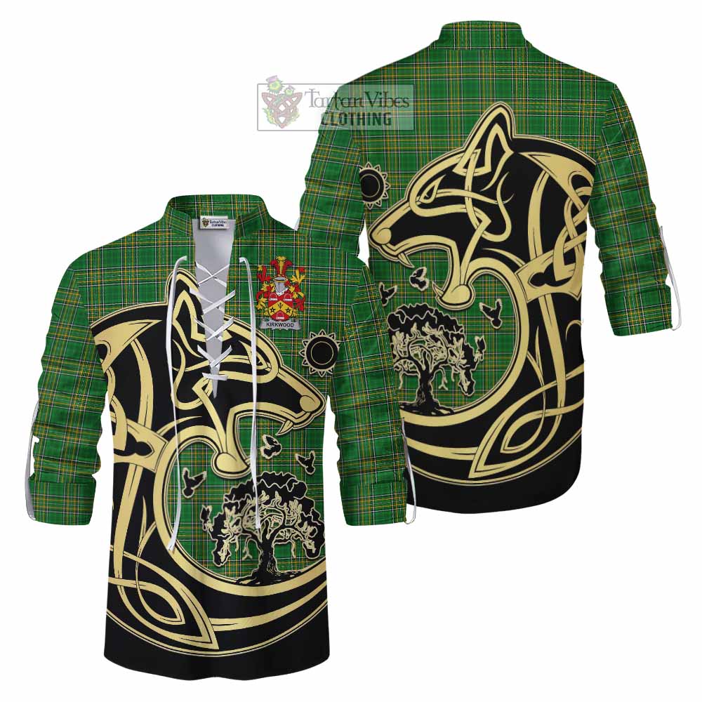 Tartan Vibes Clothing Kirkwood Irish Tartan Ghillie Kilt Shirt with Coat of Arms Celtic Wolf Style