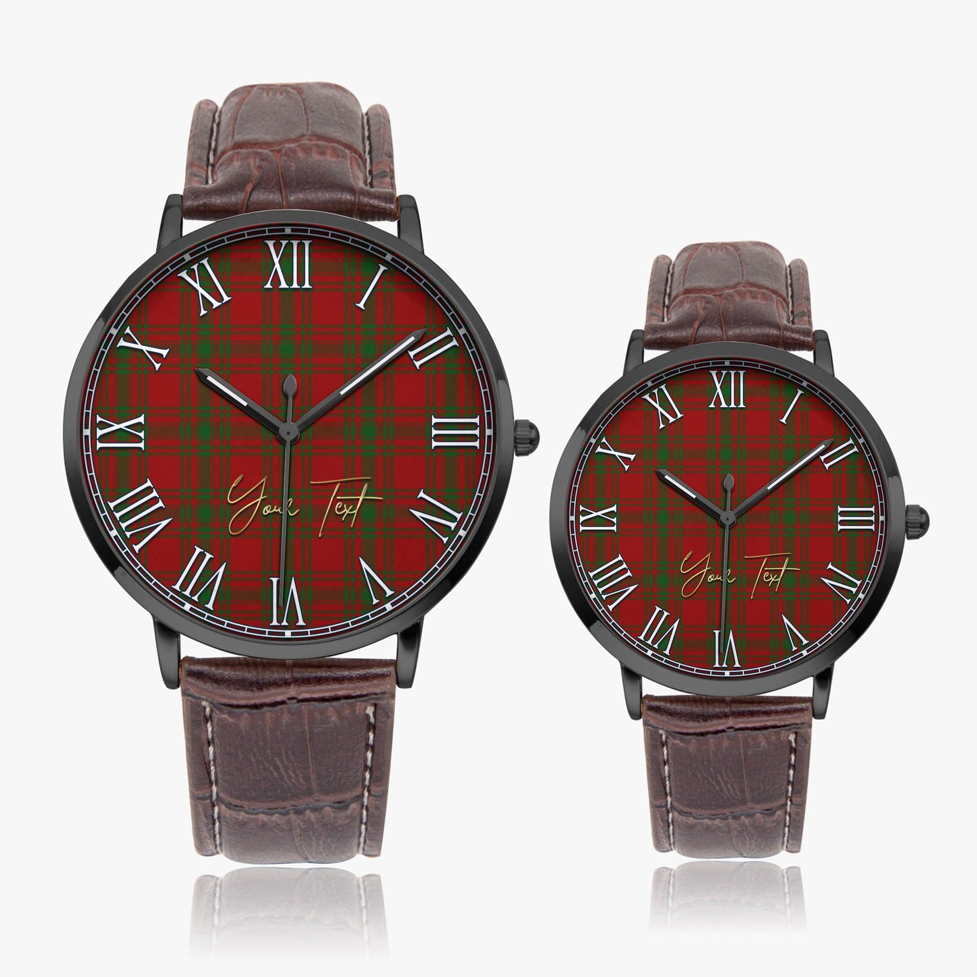 Kyle Green Tartan Personalized Your Text Leather Trap Quartz Watch Ultra Thin Black Case With Brown Leather Strap - Tartanvibesclothing