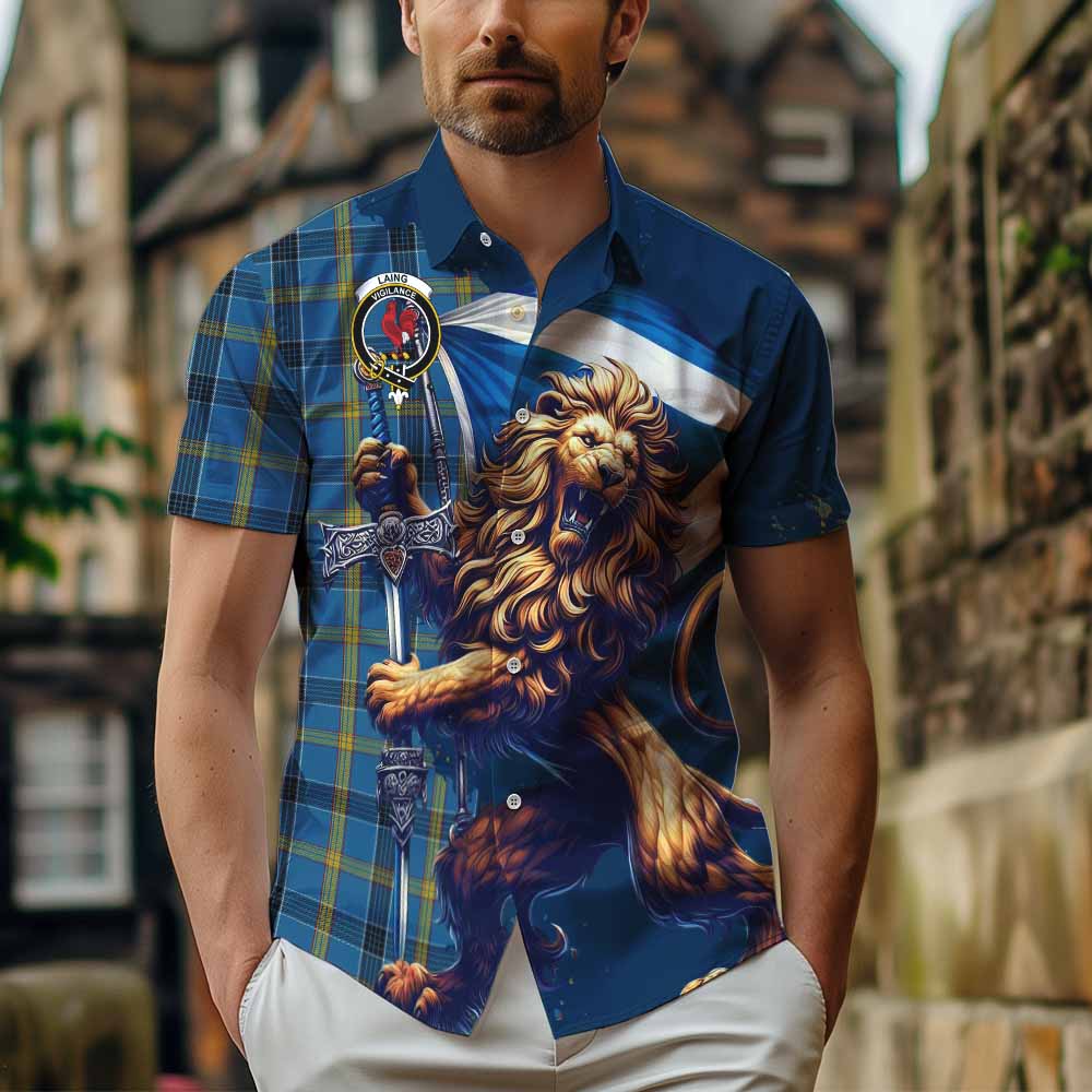 Tartan Vibes Clothing Laing Tartan Family Crest Short Sleeve Button Shirt with Scottish Majestic Lion