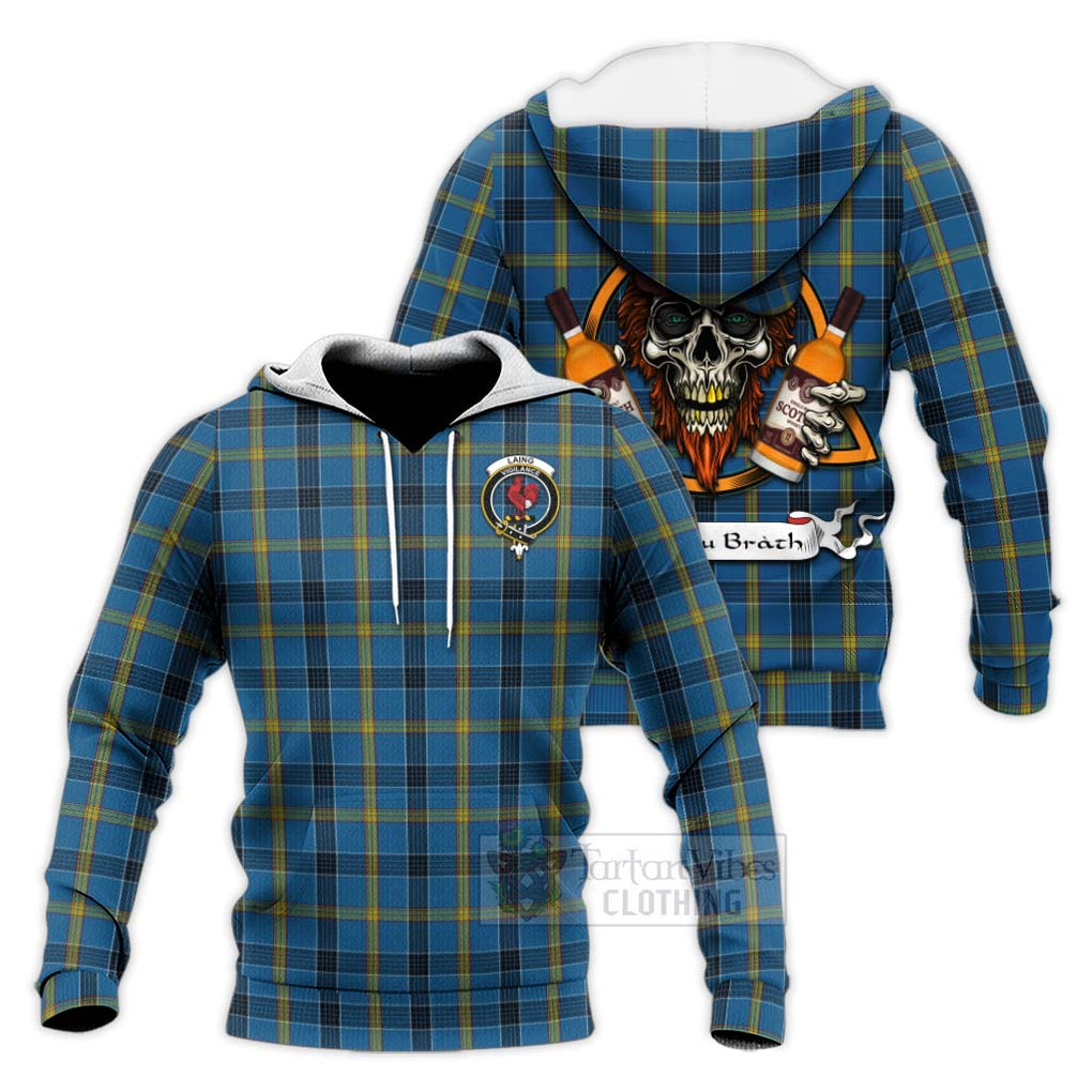 Tartan Vibes Clothing Laing Tartan Knitted Hoodie with Family Crest and Bearded Skull Holding Bottles of Whiskey