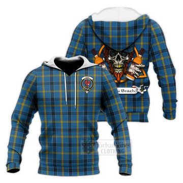 Laing Tartan Knitted Hoodie with Family Crest and Bearded Skull Holding Bottles of Whiskey