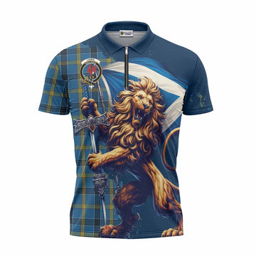 Laing Tartan Family Crest Zipper Polo Shirt with Scottish Majestic Lion