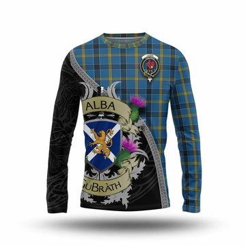 Laing Tartan Family Crest Long Sleeve T-Shirt Lion Rampant Royal Thistle Shield Celtic Inspired Unisex - Tartan Vibes Clothing