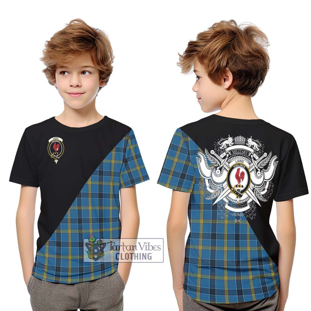 Laing Tartan Kid T-Shirt with Family Crest and Military Logo Style Youth XL Size14 - Tartanvibesclothing Shop