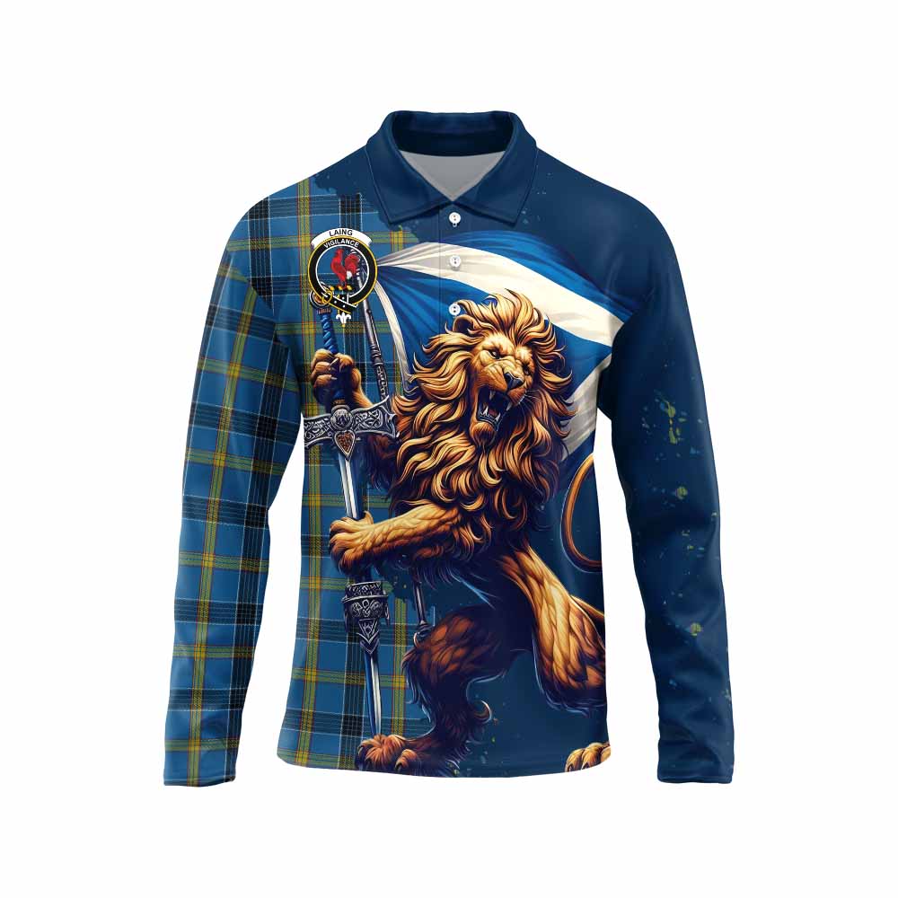 Tartan Vibes Clothing Laing Tartan Family Crest Long Sleeve Polo Shirt with Scottish Majestic Lion