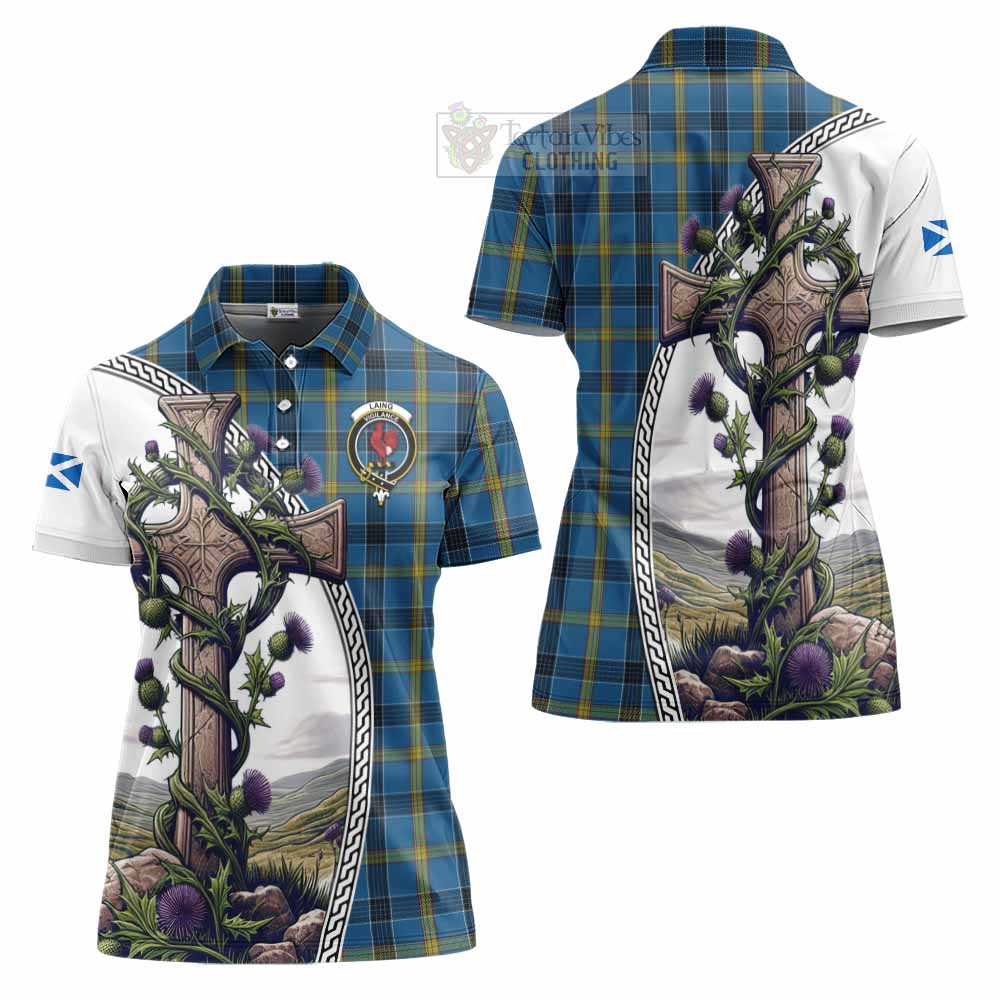 Tartan Vibes Clothing Laing Tartan Women's Polo Shirt with Family Crest and St. Andrew's Cross Accented by Thistle Vines