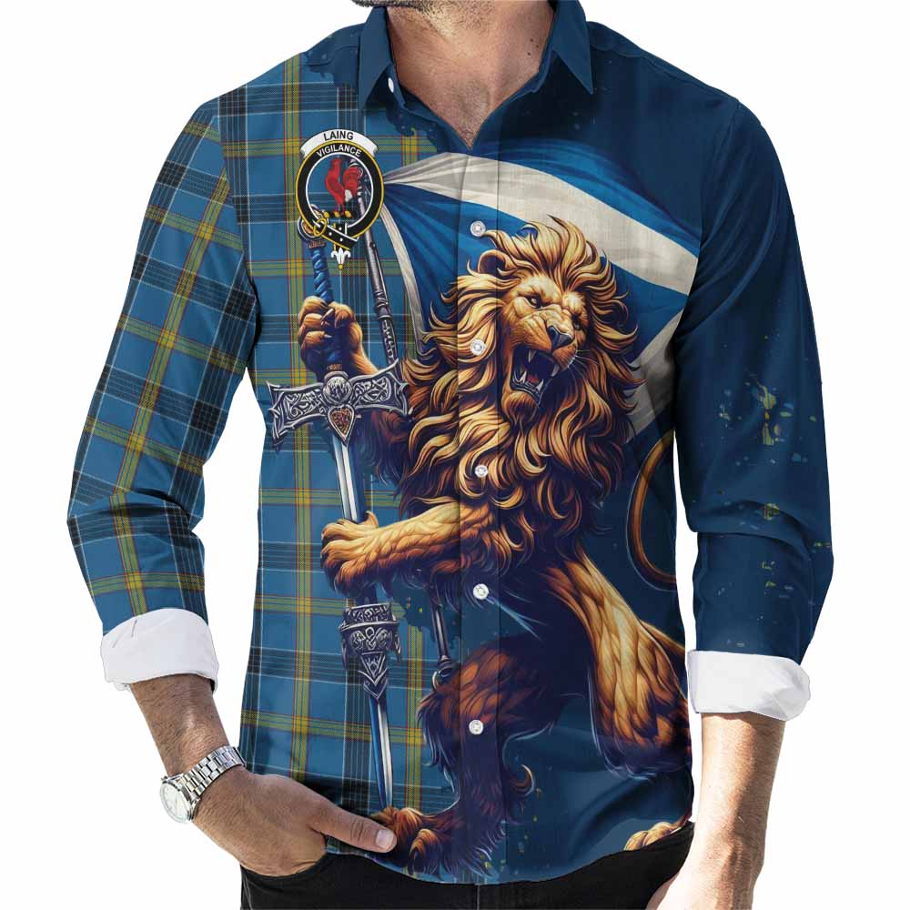 Tartan Vibes Clothing Laing Tartan Family Crest Long Sleeve Button Shirt with Scottish Majestic Lion