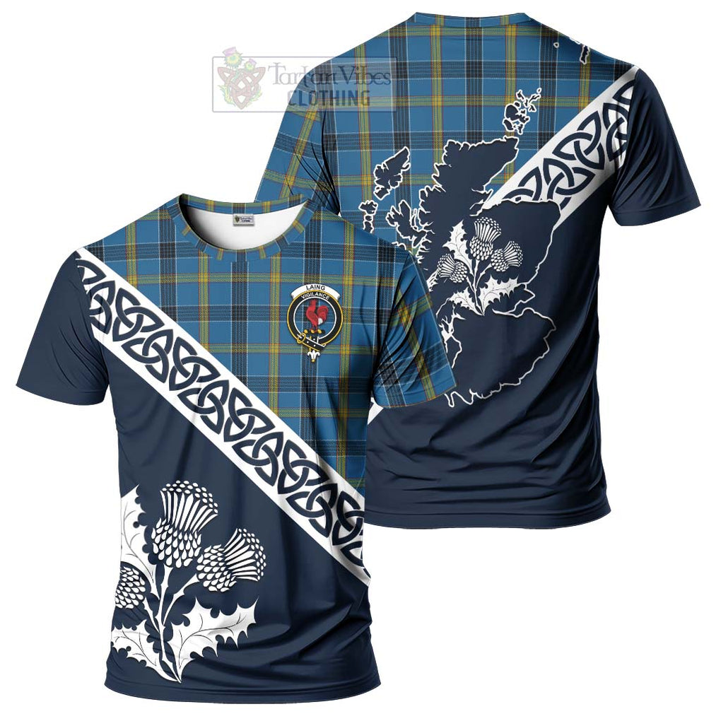 Laing Tartan T-Shirt Featuring Thistle and Scotland Map