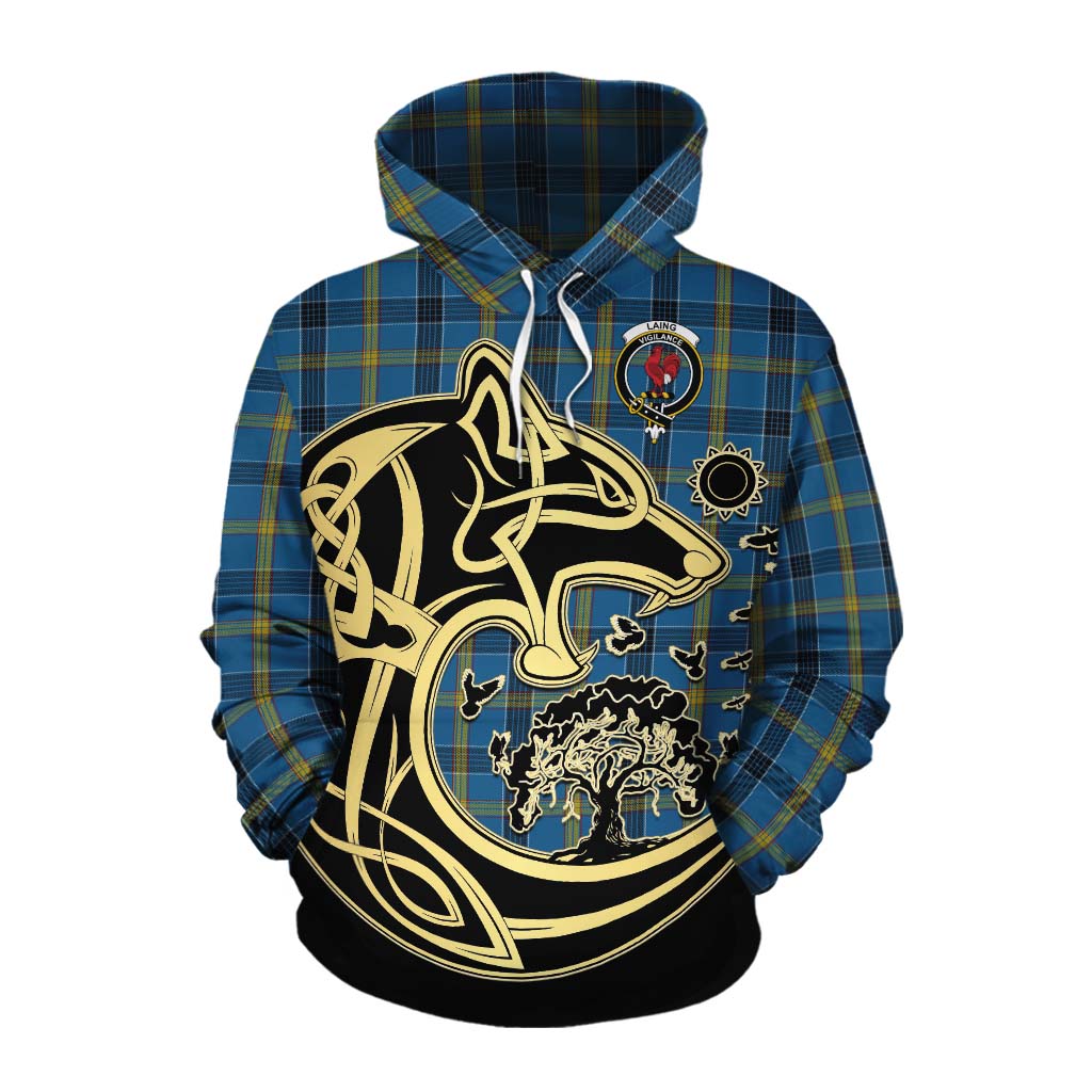 Tartan Vibes Clothing Laing Tartan Cotton Hoodie with Family Crest Celtic Wolf Style