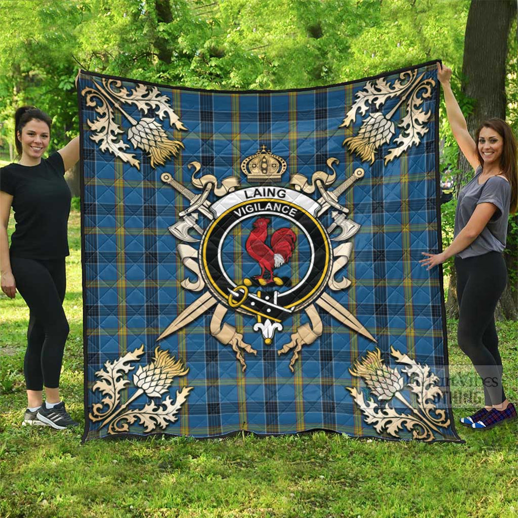 Tartan Vibes Clothing Laing Tartan Quilt with Family Crest and Scottish Golden Courage Shield