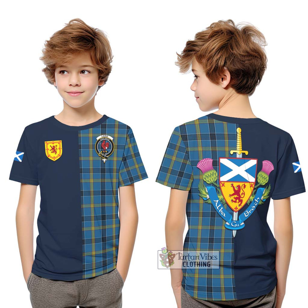 Tartan Vibes Clothing Laing Tartan Kid T-Shirt with Scottish Lion Royal Arm Half Style