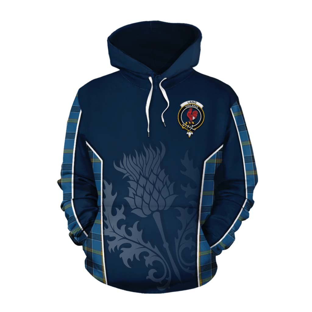 Tartan Vibes Clothing Laing Tartan Cotton Hoodie with Family Crest and Scottish Thistle Vibes Sport Style