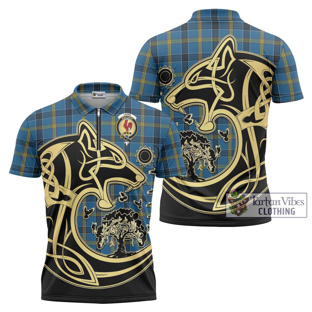 Laing Tartan Zipper Polo Shirt with Family Crest Celtic Wolf Style Unisex - Tartanvibesclothing Shop