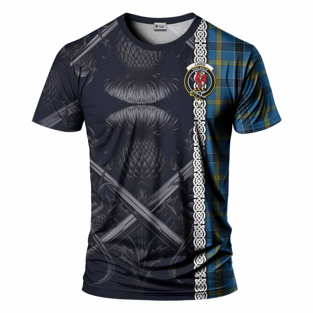 Tartan Vibes Clothing Laing Tartan T-Shirt with Family Crest Cross Sword Thistle Celtic Vibes