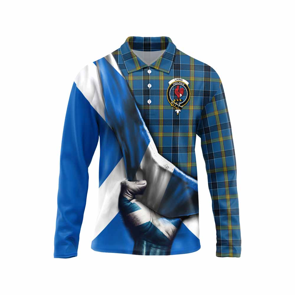 Tartan Vibes Clothing Laing Tartan Long Sleeve Polo Shirt with Family Crest Scotland Patriotic Style