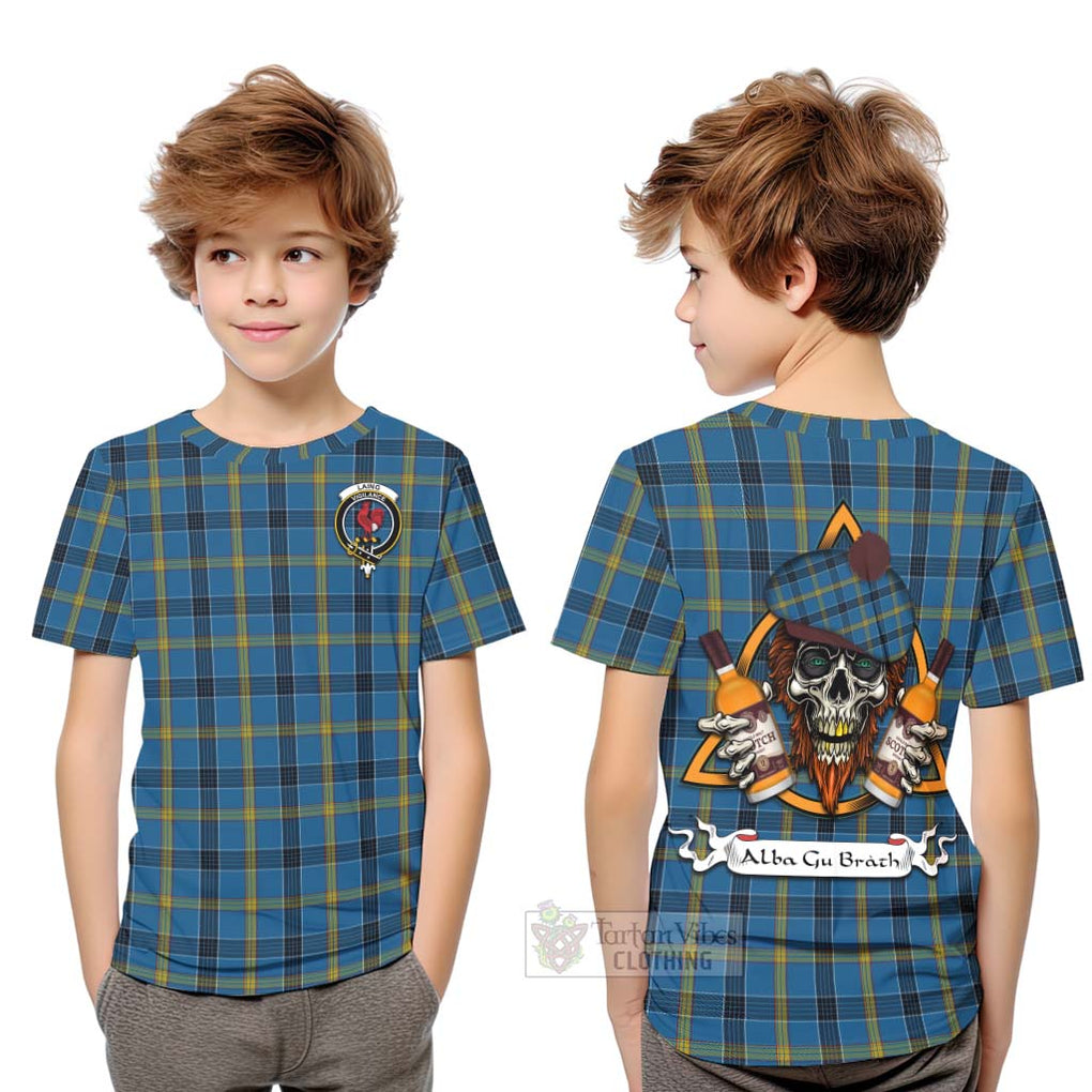 Tartan Vibes Clothing Laing Tartan Kid T-Shirt with Family Crest and Bearded Skull Holding Bottles of Whiskey