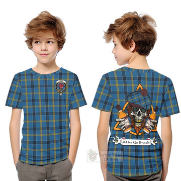 Laing Tartan Kid T-Shirt with Family Crest and Bearded Skull Holding Bottles of Whiskey