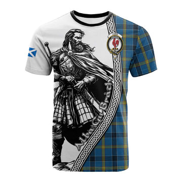 Laing Tartan Clan Crest Cotton T-shirt with Highlander Warrior Celtic Style