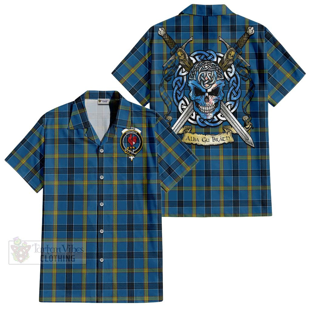 Tartan Vibes Clothing Laing Tartan Short Sleeve Button Shirt with Family Crest Celtic Skull Style